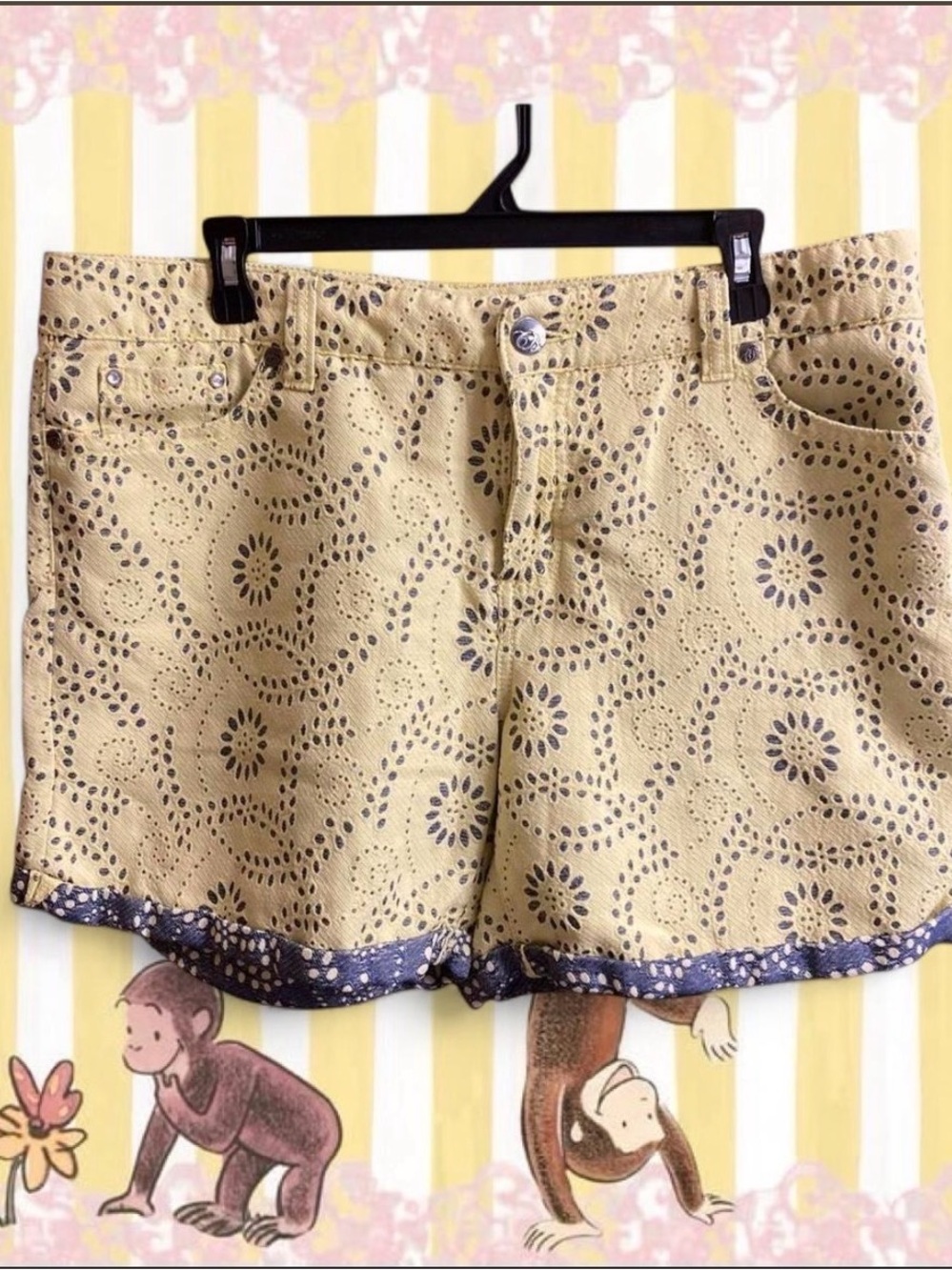 Women's yellow and blue Eyelet Laser-Cut Jean Shorts with Navy Trim
